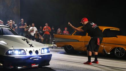 Big Chief pulls Chuck and Jeff Lutz up to the starting line