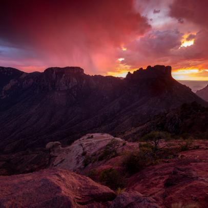 When you get a sunset like this, you don't stop taking photos. Taken at the terminus of the Lost Mine Trail in Big Bend National Park, Texas, this sunset was set ablaze by a passing thunderstorm.  These mountains, the Chisos Mountains, are considered a "sky island," a unique geological phenomenon most often found in parts of the Southwest United States. A sky island is just that, and island of mountains that rise up from a lower lying desert, which completely surrounds them.