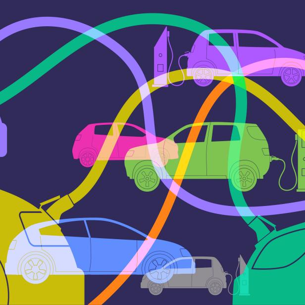1137004735 Colorful silhouttes of different Electric Car or automobile types