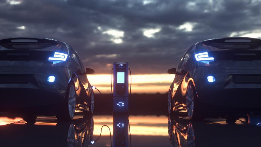 1323244949 Electric cars charging at a charging station. 3d rendering.