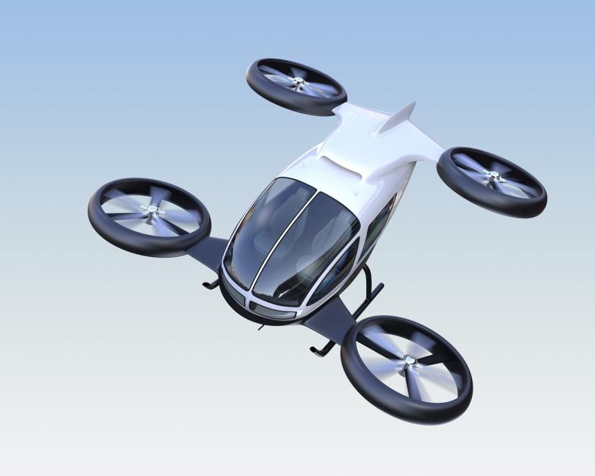 864542852 Front view of self-driving passenger drone flying in the sky. 3D rendering image. Original design.