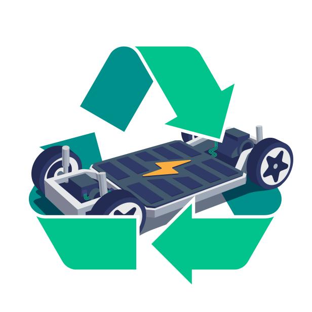 1311631292 Modern electric car chassis design battery modular platform skateboard module pack board with green recycling symbol sign. Recycle vehicle components battery cell pack, motor powertrain, controller.