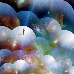 Tiny man in multiverse. 3D rendering