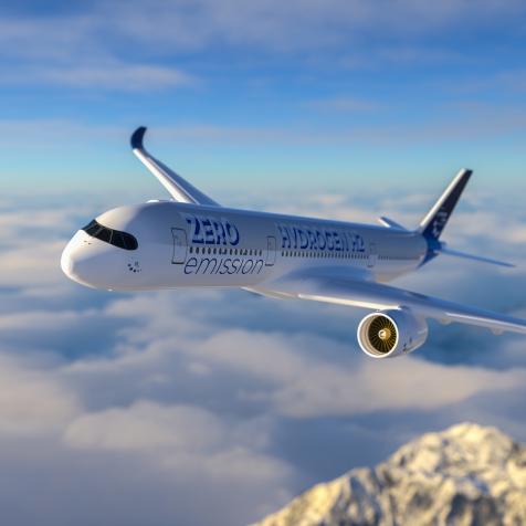 Hydrogen filled H2 Airplane flying in the sky - future H2 energy concept. 3d rendering