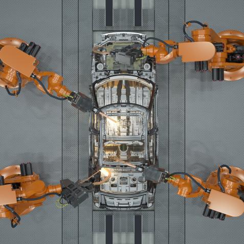 Digital generated welding robots with car body on production line