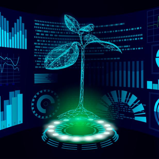 1368751877 3D low poly green plant HUD UI display. Future polygonal triangle point line ecology problems solution abstract biology genome engineering vector illustration future business technology.