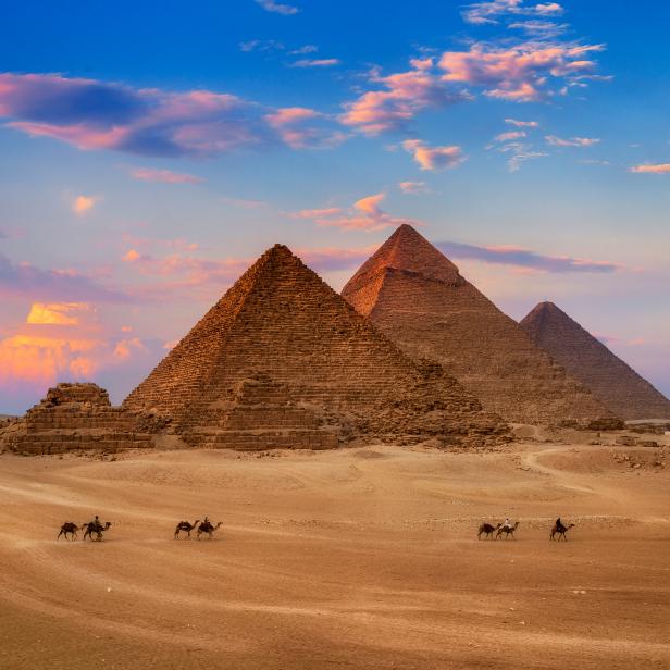 1085205362 Giza Egypt Pyramids in Sunset Scene, Wonders of the World.